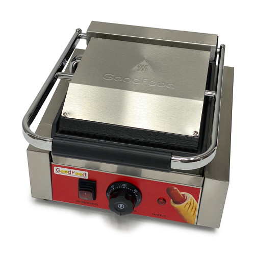 Гриль контактний GoodFood ECG10EA Panini RED — професійний електричний гриль із фіксованою верхньою плитою для шаурми, стейків і сендвічів