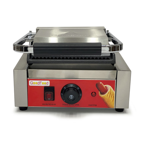 Гриль контактний GoodFood ECG10EA Panini RED — професійний електричний гриль із фіксованою верхньою плитою для шаурми, стейків і сендвічів