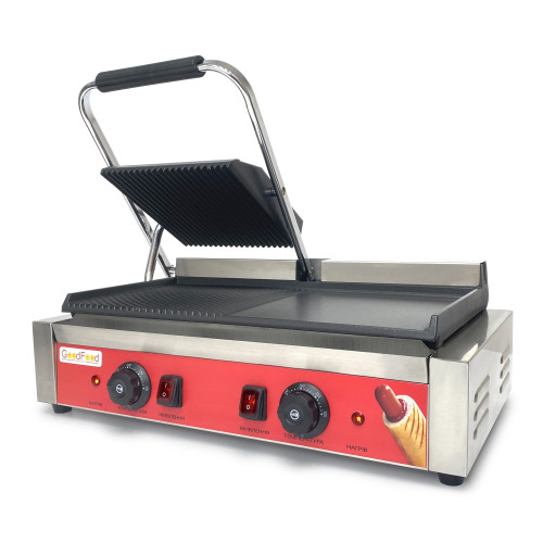 Контактний гриль GoodFood ECG201RF Panini RED з ребристою поверхнею, пружиною фіксації та регуляторами потужності для кафе та ресторанів