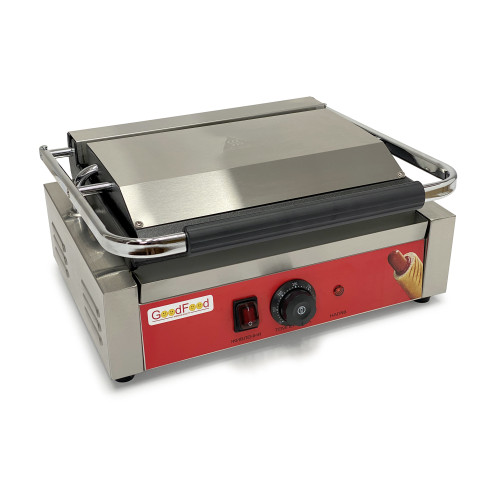 Контактний гриль GoodFood ECG11 Panini RED — електричний професійний гриль з широкою чавунною плитою та фіксацією кришки для кафе і ресторанів