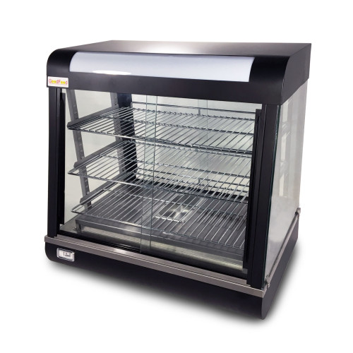 Вітрина теплова GoodFood WS680 Black Line — настільна вітрина для гарячих страв, випічки та курей-гриль, 3 полиці, підсвітка, 30–110°C, чорний корпус