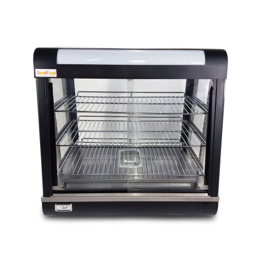 Вітрина теплова GoodFood WS680 Black Line — настільна вітрина для гарячих страв, випічки та курей-гриль, 3 полиці, підсвітка, 30–110°C, чорний корпус