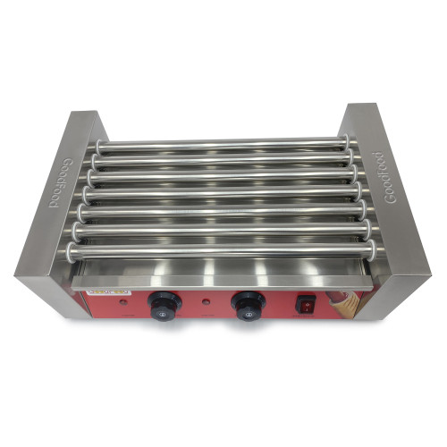 Гриль роликовий GoodFood HDRG7 RED — 7 роликів з нержавіючої сталі, 2 зони нагріву, для сосисок і ковбасок, 1,4 кВт, для фастфуду та кафе