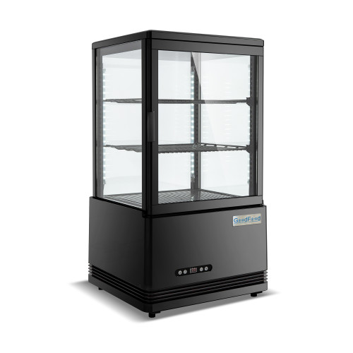 Холодильна вітрина GoodFood RT58L, чорна — 58 л, LED-підсвітка, подвійне скло, автоматичне розморожування, цифрове керування, для напоїв та десертів