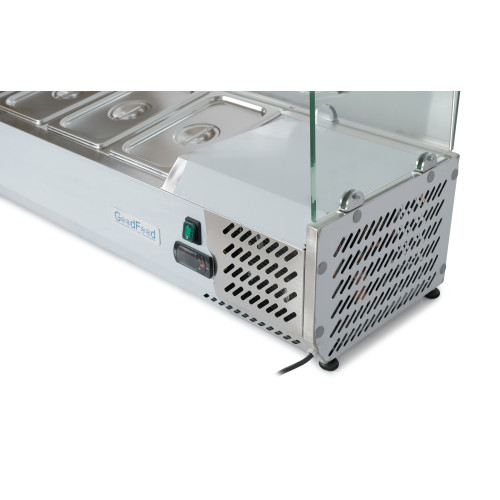 Холодильна вітрина для топінгу GoodFood GF-VRX1200/380-H6C — нержавіюча сталь, 4 GN1/3, +2~+8°C, пряме скло, статичне охолодження