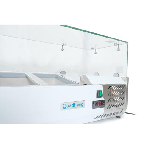 Холодильна вітрина для топінгу GoodFood GF-VRX1200/380-H6C — нержавіюча сталь, 4 GN1/3, +2~+8°C, пряме скло, статичне охолодження