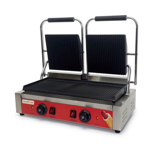 Гриль контактний GoodFood ECG20RR Panini RED з пружинною фіксацією, ребристими плитами та подвійною робочою зоною для стейків і шаурми