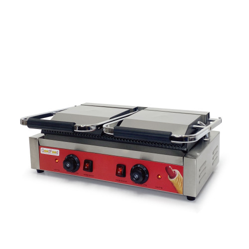 Гриль контактний GoodFood ECG20RR Panini RED з пружинною фіксацією, ребристими плитами та подвійною робочою зоною для стейків і шаурми