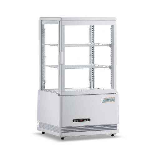 Холодильная витрина GoodFood RT58L белая, 58 л, LED-подсветка, цифровое управление, динамическое охлаждение, автооттаивание, для напитков и десертов