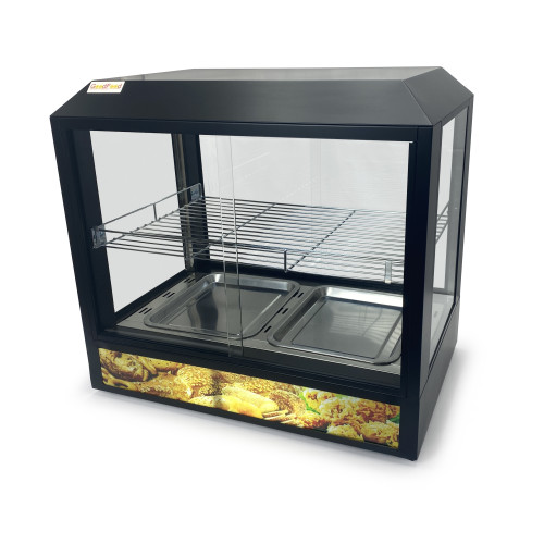 Вітрина теплова GoodFood WS2BD — настільна вітрина для гарячих страв, випічки та курей-гриль, з підсвіткою, 2 ємності, чорний корпус, 30–80°C