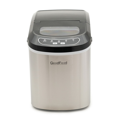 Льодогенератор GoodFood IM12FS STEEL: настільний апарат з нержавіючої сталі, 12 кг льодових пальчиків на добу, 2 розміри льоду, бункер 1,1 кг