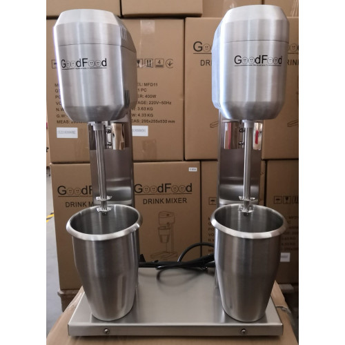 Молочний міксер GoodFood MFD22, двопостовий, 2 швидкості, 2×400 Вт, алюмінієвий корпус, чаша 1 л, настільний, для кафе та барів