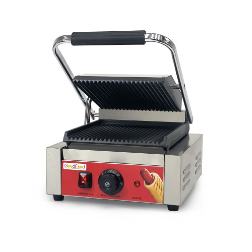 Контактний гриль GoodFood ECG10 Panini RED — професійний електричний гриль із пружинною фіксацією кришки та чавунними рифленими плитами, 1,8 кВт