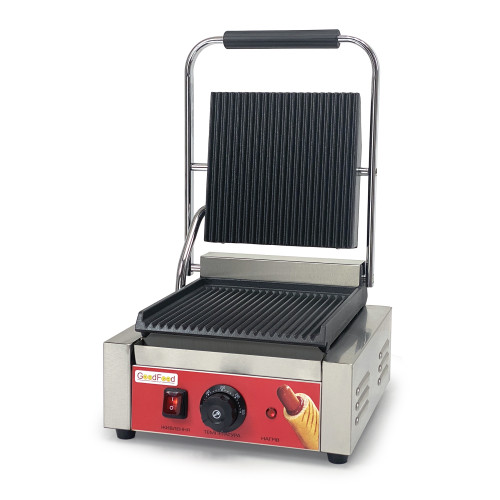Контактний гриль GoodFood ECG10 Panini RED — професійний електричний гриль із пружинною фіксацією кришки та чавунними рифленими плитами, 1,8 кВт