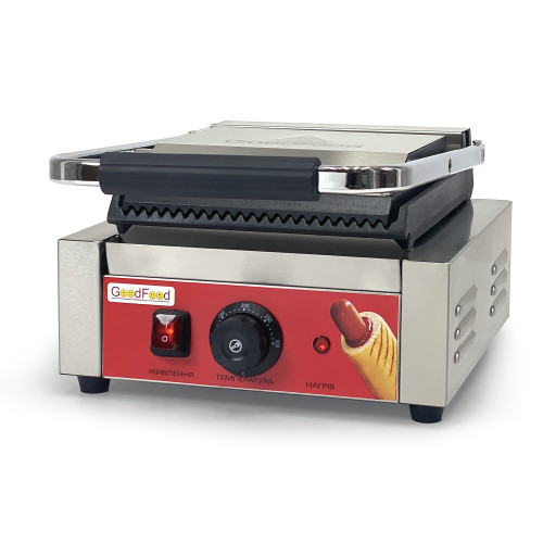 Контактний гриль GoodFood ECG10 Panini RED — професійний електричний гриль із пружинною фіксацією кришки та чавунними рифленими плитами, 1,8 кВт