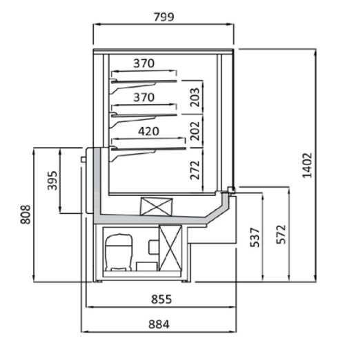 Витрина холодильная кондитерская QuadroStream Confiture 1400х1250х885 мм, стекло куб, выкладка нержсталь, +1…+10°C, LED, Danfoss