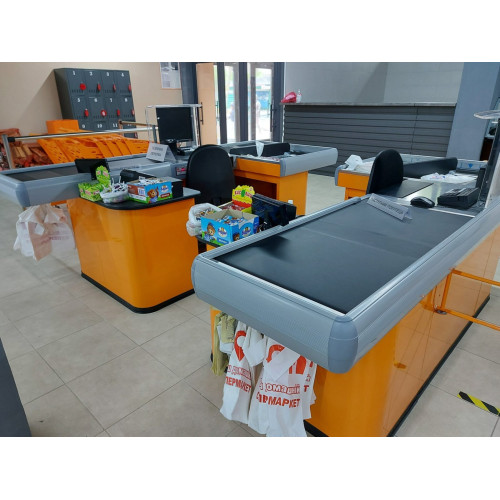 Касовий бокс Magellan Modern Expo 2300×1150 мм з широким накопичувачем, транспортером і захистом сканера, метал, 6 кольорів