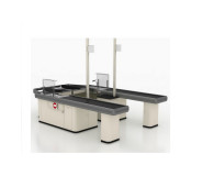 Касовий бокс Твін Modern Expo із широким кутовим накопичувачем 1000 мм, транспортером і захистом сканера, кремовий, 2700х2400 мм, для супермаркету