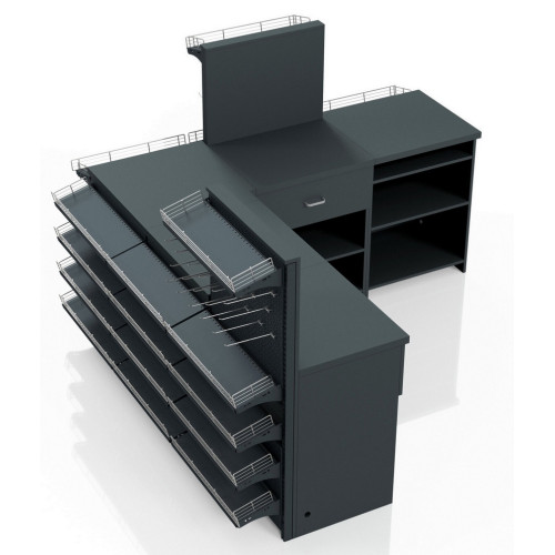 Касовий прилавок кутовий 3990х600х1440 мм, антрацит, метал/ДСП/пластик, для супермаркетів і магазинів