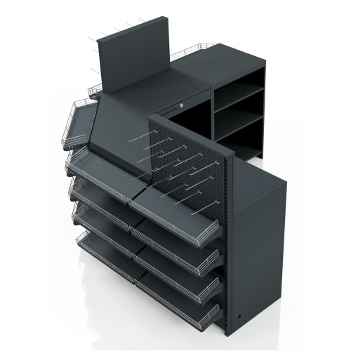 Касовий прилавок кутовий 3920х600х1440 мм, антрацит, метал/ДСП/пластик, для супермаркетів і магазинів