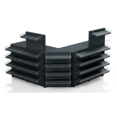 Касовий прилавок кутовий 3920х600х1440 мм, антрацит, метал/ДСП/пластик, для супермаркетів і магазинів