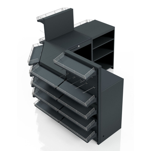 Касовий прилавок кутовий 3920х600х1440 мм, антрацит, метал/ДСП/пластик, для супермаркетів і магазинів