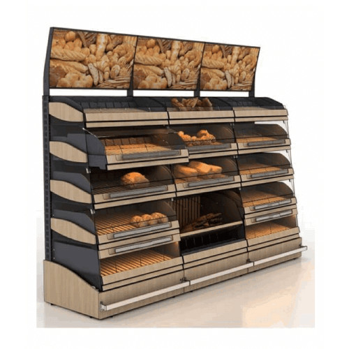 Хлібний стелаж Modern Expo пристінний 3040х820х2370 мм, метал/ДСП/дерево, чорний, порошкове покриття, для хліба та випічки