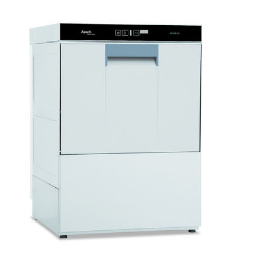 APACH AF500DIG DD фронтальна посудомийка 500×500 мм, 30–40 касет/год, вбуд. дозатор, електронна панель, цикли 60/90/120 с, 3,5 кВт