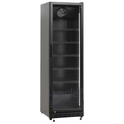 Холодильна вітрина SCAN SD 430 BE, 360 л, 0–10°C, скляні самозакривні двері з замком, 5 дротяних полиць, LED на коліщатках, 578×605×1980 мм