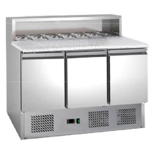 Саладетта HURAKAN HKN-GXSD3GN 3-дверна, 342 л, гранітна стільниця, нерж. AISI 201, 1365×700×1075 мм, GN1/6×7, R600a, +2/+8°C