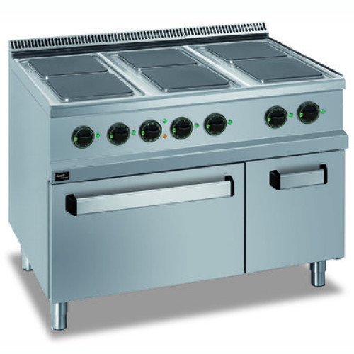 APACH APRE-117FE/PL плита електрична 6 конфорок з духовкою, нерж. стільниця 1,5 мм водостійка, чавунні 220×220 мм, 1100×714×850 мм, для проф. кухні