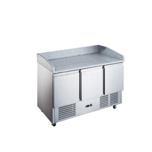 Холодильний стіл для піци HURAKAN 3-дверний, гранітна стільниця, AISI 201 нержавіюча сталь, 350 л, +2/+8 °C, нижній агрегат, R290, 1400x700x1000 мм