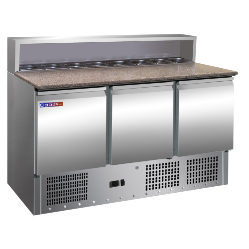Стіл холодильний для піци COOLEQ PS903, 3 двері, +2…+8 °C, 400 л, 8×GN 1/6, R290 100 г, 1365×700×1100 мм, гарантія 12 міс, Китай