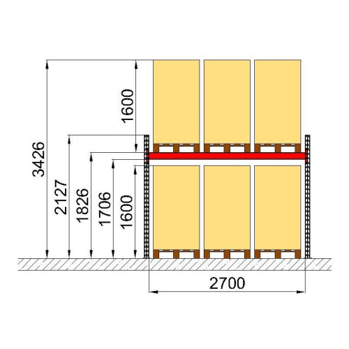 Палетний стелаж Modern Expo 2127х2700х1100 мм, металева приставна секція, 3 палети, навантаження 2400 кг, порошкове фарбування, Україна