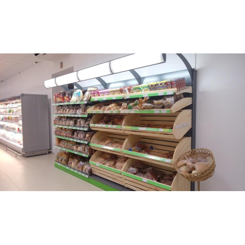 Торговий стелаж хлібний 1930х1000х500 мм, метал+сосна, кремовий, 4 кошики, полиця, Україна – для магазинів і пекарень