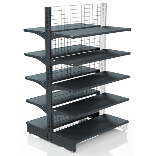 Торговий стелаж двосторонній 1625х1250х400 мм, Modern Expo, 10 полиць, задня стінка сітка, антрацит, для магазину